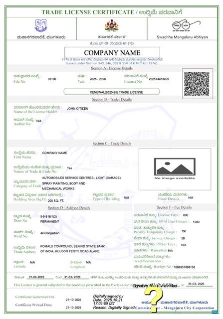 Download India Mangaluru trade license certificate Word and PDF template Photoshop template